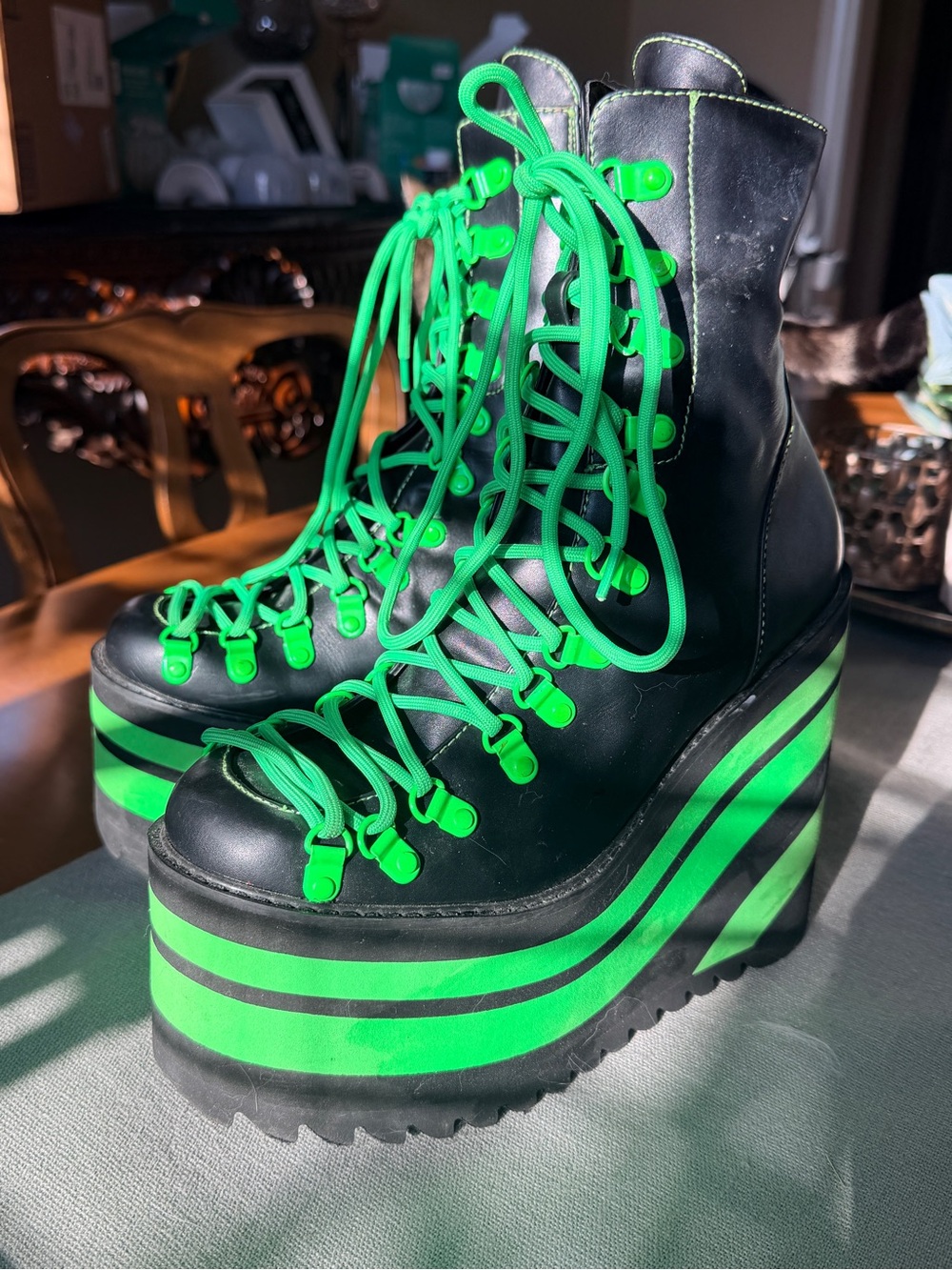 Club Exx Neon Jawbreaker Traitor Platform Boots Dolls Kill Green Black - Picture 6 of 9